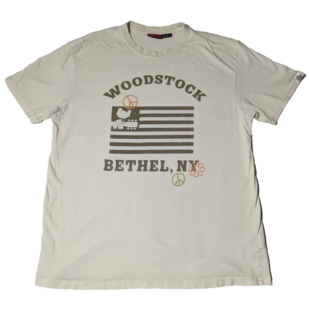 WOODSTOCK BETHEL‎ NY Music Festival Men Large Ivory 100% Cotton Graphic T-Shirt